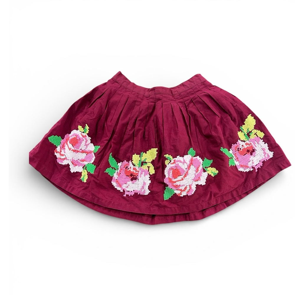 Mini Boden Burgundy Elastic Waist Skirt with Floral Design